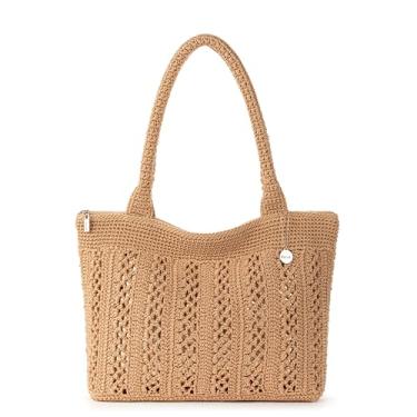 Imagem de The Sak Sacola clássica trabalhada – Bolsa feminina de crochê à mão para o dia a dia, viagem, bolsa de praia – Alças de ombro, Bambu com ouro, One Size