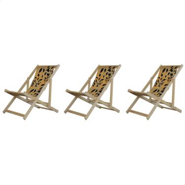 Imagem de Kit 3 Espreguiçadeiras Preguiçosa Dobrável sem Braço Natural em Madeira Maciça Tecido