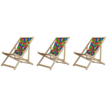 Imagem de Kit 3 Espreguiçadeiras Preguiçosa Dobrável sem Braço Natural em Madeira Maciça Tecido