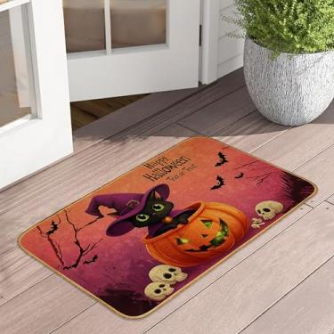 Imagem de Capacho de porta de caveira de gato preto para entrada interna e externa, tapete de porta de morcego abóbora de Halloween à prova d'água perfil baixo para todas as estações, tapete de entrada de pátio