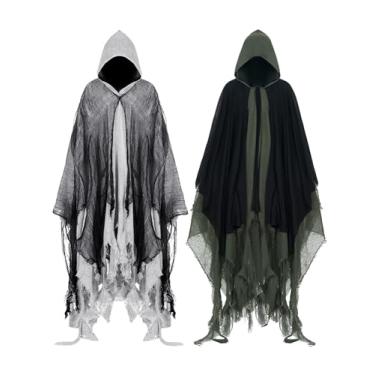Imagem de Geyoga 2 Pcs Halloween Hooded Cloak Medieval Renaissance Gothic Wizard Robe Scary Grim Reaper Cosplay Costume for Unisex(Gray, Dark Green, XL)