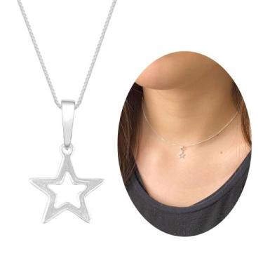 Imagem de Chocker Estrela Vazada Pequena Colar Prata Legítima Delicado - Morgani