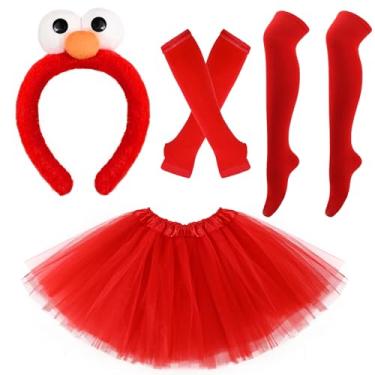 Imagem de JcHrmers Fantasia de monstro vermelho de Halloween inclui faixa de cabeça de monstro, saia tutu, luvas e meias para festa feminina cosplay