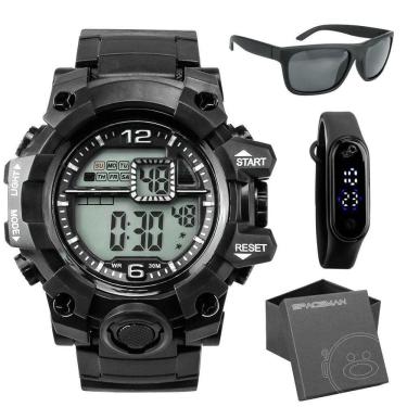 Imagem de Oculos De Sol Protecao Uv + Relogio Masculino Preto + Caixa Esportivo Alarme Casual Grande Robusto