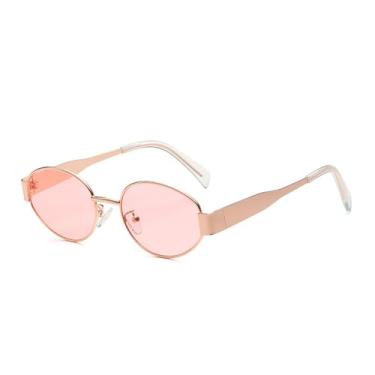 Imagem de Óculos de sol retrô oval feminino masculino redondo punk dourado armação de metal óculos de sol para dirigir lentes transparentes UV400, rosa-rosa, BH01
