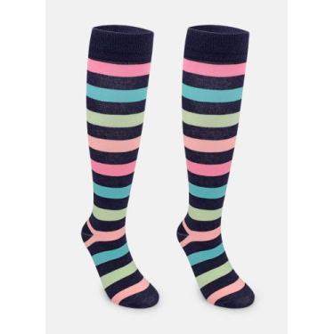 Imagem de Meia Cano Puket Feminina Listrada Colorida Azul Marinho 34 a 39, Azul 