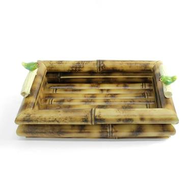 Imagem de Bandeja Retangular de Bambu Natural com Pássaro de Cerâmica para Servir Frutas Frios Chá Café Doces Mesa Posta