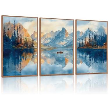 Imagem de KAIRNE Arte de parede de paisagem grande emoldurada, pinturas abstratas de floresta, tela aquarela azul do lago da montanha, paisagem da natureza, arte texturizada para sala de estar, quarto, casa