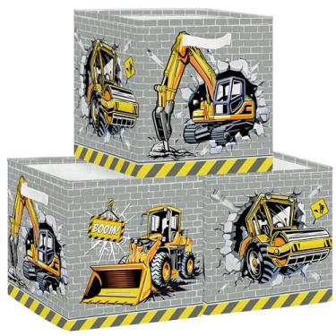 Imagem de HUUMONSS Conjunto organizador de cubo de armazenamento de veículos de construção de 30 cm, 3 peças, cesto de armazenamento de roupas para prateleira de armário, guindaste, escavadeira, berçário