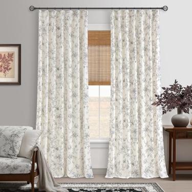 Imagem de Cortinas plissadas de linho floral com 224 cm de comprimento para sala de estar, quarto, flores pretas, estampadas, vintage, rústica, fazenda, campo, gasto, chique, cortinas plissadas com anéis de