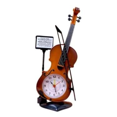 Imagem de Relógio Despertador Decorativo em Formato de Violino, 27,5 cm, Design Vintage, Marrom e Amarelo (Marrom)