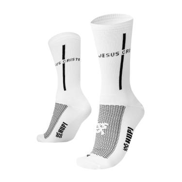 Imagem de Meia HUPI Estampa Jesus Cristo 1 Par Esportiva Corrida e Ciclismo, Cor: Branco/Preto, Tamanho LT 34-38
