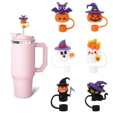 Imagem de 6 peças de topos de palha de Halloween para copo Stanley, capa de silicone reutilizável com fantasma fofo, tampões protetores portáteis, tampas de grandes quantidades, presentes para festas