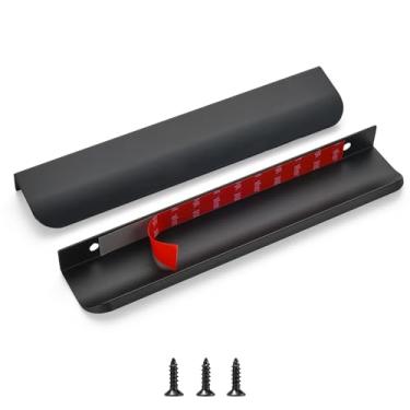 Imagem de sunlithor Puxadores de dedo de borda para armários Descasque e cole na gaveta de cozinha invisível autoadesivo plano sem broca Pacote de 10 manípulos pretos de 20 cm de comprimento total fácil