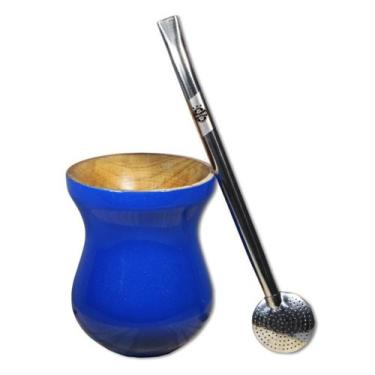 Imagem de Cuia Tradicional Madeira Imbuia Azul + Bomba Inox Grêmio - Gastrobel