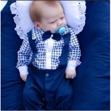 Imagem de Saída Maternidade Menino 50cm 100% Algodão Bebe Azul Xadrez