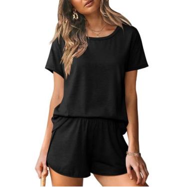 Imagem de Conjunto de pijama feminino Ekouaer, gola redonda, manga curta, preto