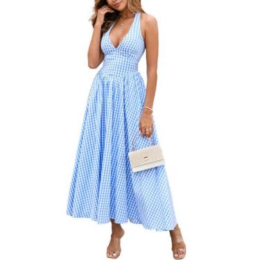 Imagem de Vestido maxi Parthea xadrez nas costas com decote em V para mulheres