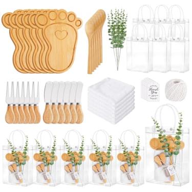 Imagem de Whaline 55 peças de prêmios de chá de bebê para vencedores de jogos, 6 conjuntos de mini tábuas de queijo em forma de sola, utensílios, toalhas, hastes artificiais de eucalipto, sacos de presente