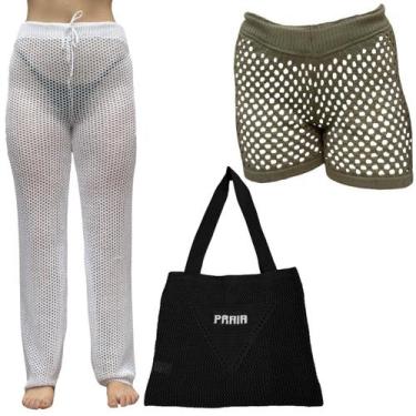Imagem de Kit Feminino Tricot Calça Saia Bolsa Croche Saida de Praia Moda Verão 