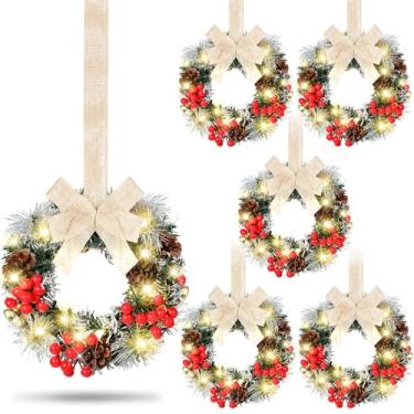 Imagem de Yuxung 6 peças guirlanda de armário com luzes Prelit artificial pequena guirlanda de pinha de Natal para porta da frente com laço, guirlanda suspensa de Natal para janela de cozinha, bateria não