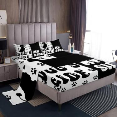 Imagem de Jogo de lençol King com estampa de patas de cachorro com desenho animado do My Side, decoração de quarto de meninos e meninas, animal de estimação fofo poodle, animal de estimação, preto e branco, 4