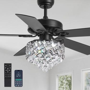 Imagem de CROSSIO Ventilador de teto moderno de cristal com luzes lustre preto de 132 cm Ventilador de teto reversível para quarto, sala de jantar, sala de estar