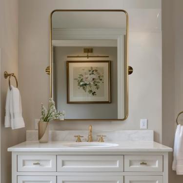 Imagem de ANDY STAR Espelho giratório dourado, 50,8 cm x 71,1 cm, armação de metal escovado para pia superior, espelho de banheiro retangular de fazenda com design inclinado ajustável montado na parede