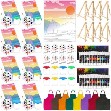 Imagem de Cholemy Conjunto de 8 kits de tinta e sip para adultos 20 cm x 25 cm tela pré-desenhada com cavaletes de madeira pincéis de tinta acrílica avental de paleta de copos de lavagem para pintura faça você