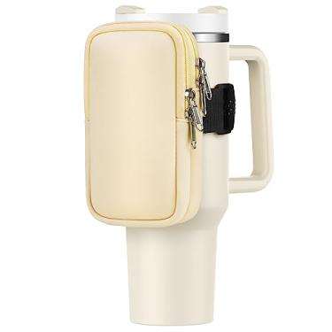 Imagem de Bolsa para garrafa de água para copo Stanley de 1,2 l 850 g, bolsa de garrafa de água de corrida para cartões, chaves, telefone, acessórios de academia para homens e mulheres, bolsa de caneca de copo de viagem compatível com Stanley, simples moderno (creme)