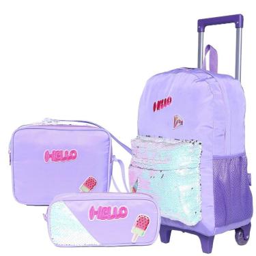 Imagem de Kit Mochila De Rodinha Estojo Lancheira Impermeável - Lilás