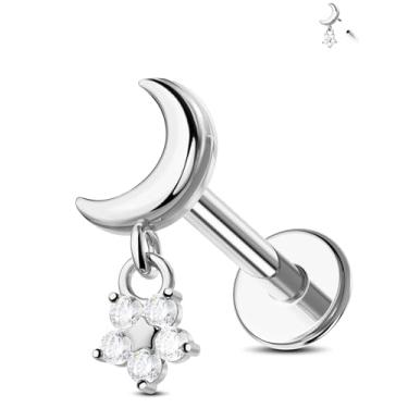 Imagem de Jewseen Piercing de flor helix tragus 16G para orelha direita brinco de cartilagem roscado internamente 316L aço cirúrgico hélice tragus concha brinco lua plana piercing de nariz para mulheres