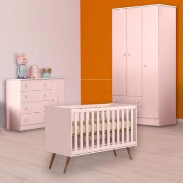 Imagem de Berço Mini Cama Retrô, Cômoda Sapateira e Guarda Roupa Rosa - Qmovi