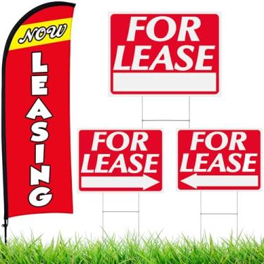 Imagem de Buryeah Conjunto de 4 placas de leasing Now Leasing Now Leasing Kit de mastro de bandeira de pena, pacote com 3 para locação, placa de seta direcional dupla face com estacas de metal para bandeiras
