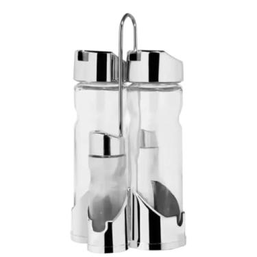 Imagem de Porta Temperos Galheteiro De Vidro Azeite Vinagre P/Mesa 4 Pcs Vidro C/Suporte Inox