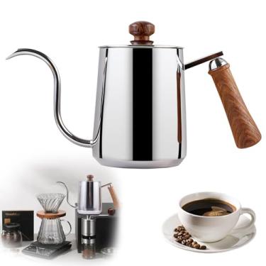 Imagem de Chaleira Bico de Ganso em Aço Inoxidável 304 com Fundo Triplo, 600ml - Compatível com Indução e Fogão a Gás, Alça de Madeira (Prata)