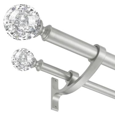 Imagem de Varão de cortina duplo prateado de 91 a 182 cm, varões decorativos duplos de cortina de cristal com suporte de alumínio sólido, acabamentos de folha de acrílico transparente, 2,5 cm frontal e 1,5 cm