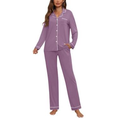 Imagem de Conjunto de pijama feminino ZMJ com botões e manga comprida, lavanda, 