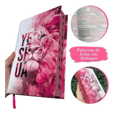 Imagem de Bíblia Sagrada Feminina Leão Yeshua  Jesus  Rosa Capa Dura C