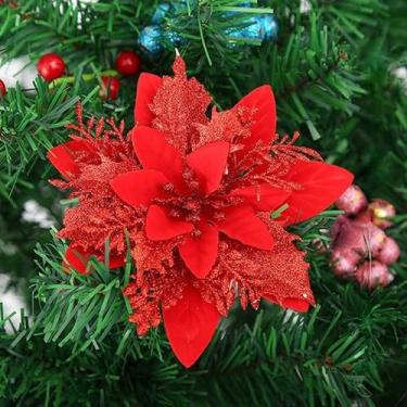 Imagem de 5 peças de tecido de glitter de Natal flor poinsétia artificial cabeça floral árvore de Natal decoração DIY guirlanda ornamento decoração de casa vermelho 14 cm