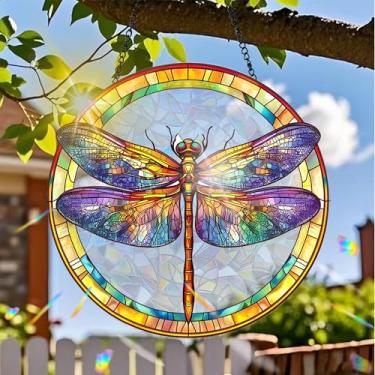 Imagem de Acrílico colorido Suncatcher, decoração para pendurar libélula com design de estilo vitral impresso, arte de parede criador de arco-íris, refrator de luz do sol, decoração de casa interna e externa