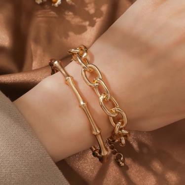 Imagem de Pulseira de corrente punk cubana de ouro de bambu, vintage, corrente de elos grossos, pulseiras góticas, corrente de meio-fio, empilhável, larga e grossa, One size, Zinco, Sem Pedra Preciosa
