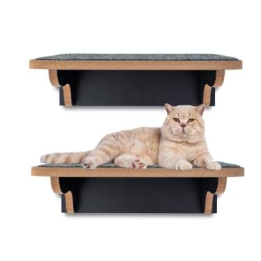 Imagem de BT WOOD Playground Para Gatos, MDF 15mm Laminado, 2 Prateleiras G, Carpete Antiderrapante, Suporta 25kg, Pré-montado, Design Moderno, 35x26x11cm, Kit Instalação Incluso (Preto)