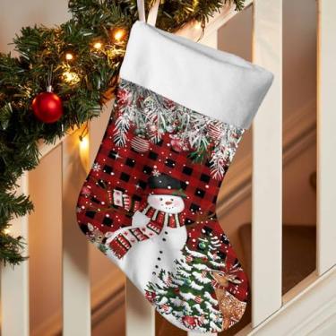 Imagem de Meias de Natal com bolas de Natal no topo, meias de Natal, 45,7 cm, grande, boneco de neve, alce, xadrez, vermelho, preto, decorações de Natal, meia pendurada para festa de férias em família, lareira