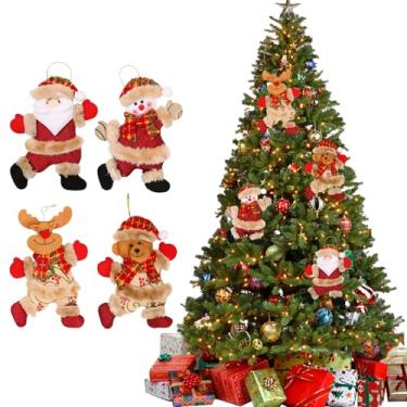 Imagem de 4 peças de decorações de árvore de Natal com Papai Noel, bonecos de neve, rena e urso, brinquedos macios, ornamentos e presentes.