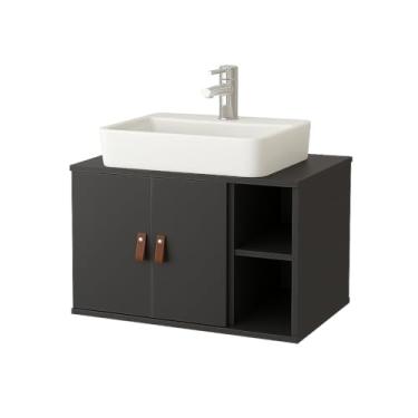 Imagem de Armário armário de banheiro suspenso varanda com nicho 2 portas alça de couro(Preto)