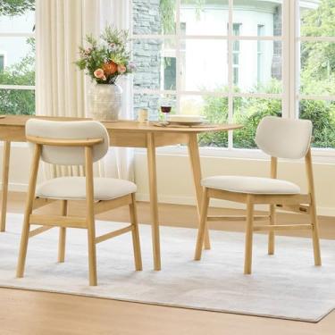 Imagem de CHITA Conjunto de 2 cadeiras de jantar estofadas, cadeiras modernas de cozinha e sala de jantar de meados do século, moldura de madeira maciça em carvalho, tecido de chenille em creme (branco)