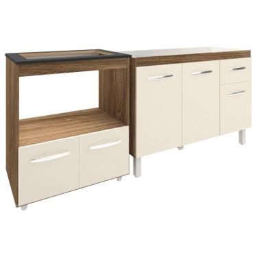 Imagem de Cozinha Armário Balcão Gabinete De Pia Aline 120 Cm E Balcão Evelyn Para Fogão Cooktop 5 Bocas E Forno Savana Off White