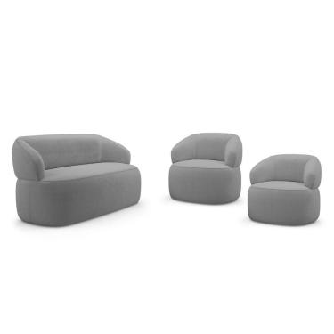 Imagem de Kit 02 Poltronas Giratória E 01 Sofá Orgânico Glee 02 Lugares 140cm Bouclê Cinza - Desk Design