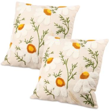 Imagem de HJJWNDDNG 2 capas de almofada bordadas de lona decorativa de 45,7 cm com zíper oculto para sofá cama sala de estar, lavável na máquina (planta A)